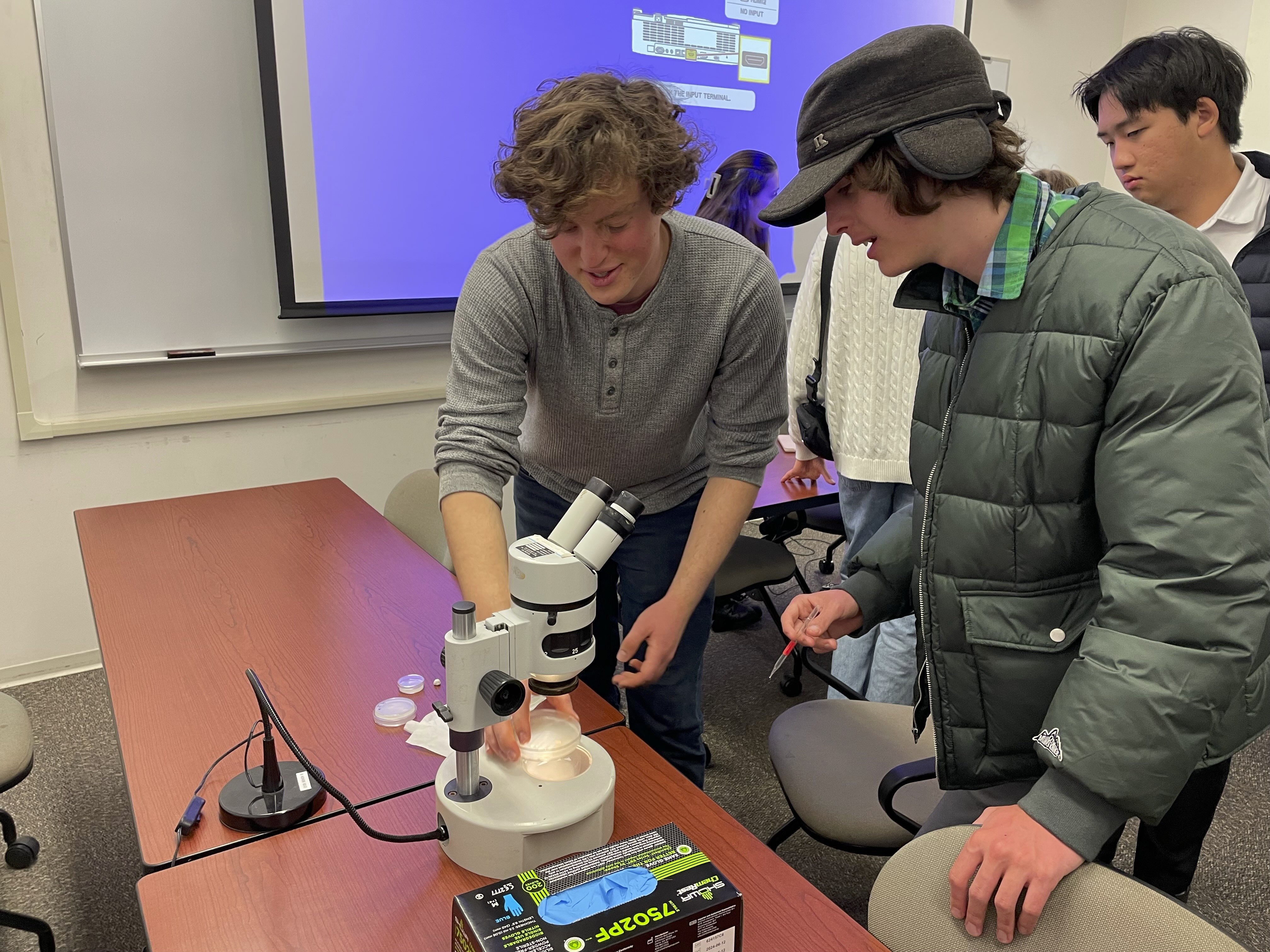 A UCSB mentor helps a high school student examine a specimen in a petri dish under a microscope.