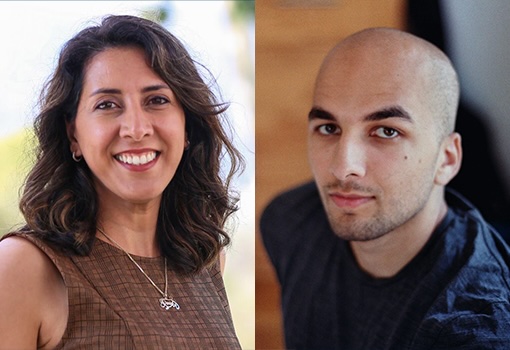 Side-by-side portraits of Elaheh Ahmadi and Navid Kafi.