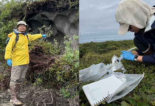 Gen Li stands beside an ancient ice polygon while Fan Liu collects field samples in Alaska.