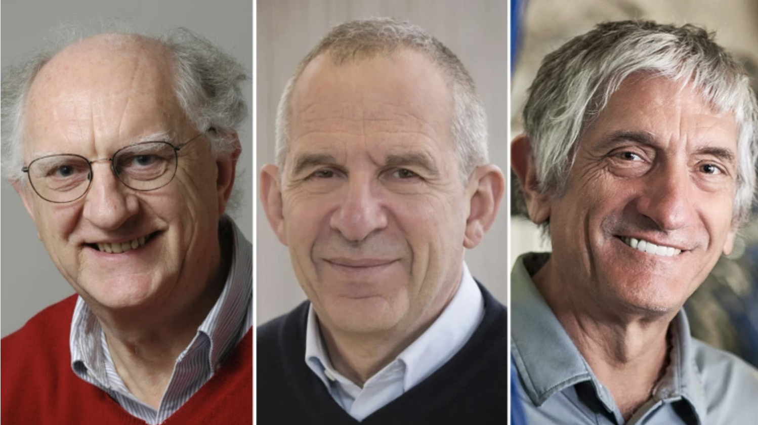 Three headshots of older men shown side-by-side. The man on the left has white hair and glasses and is wearing a red sweater. The man in the middle has short, graying hair and is wearing a dark sweater over a white collared shirt. The man on the right has short, dark gray, tousled hair and is wearing a light green or blue-gray collared shirt and smiling.