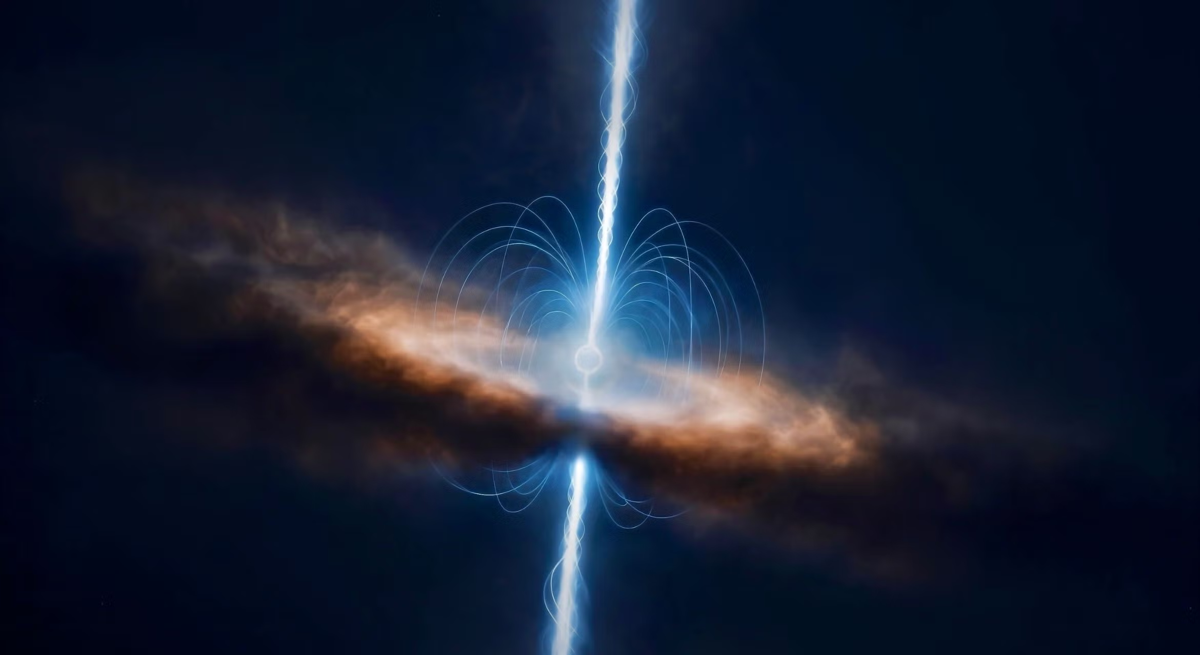 Digital rendering of a blue neutron star emitting light beams that warp an orange accretion disk.