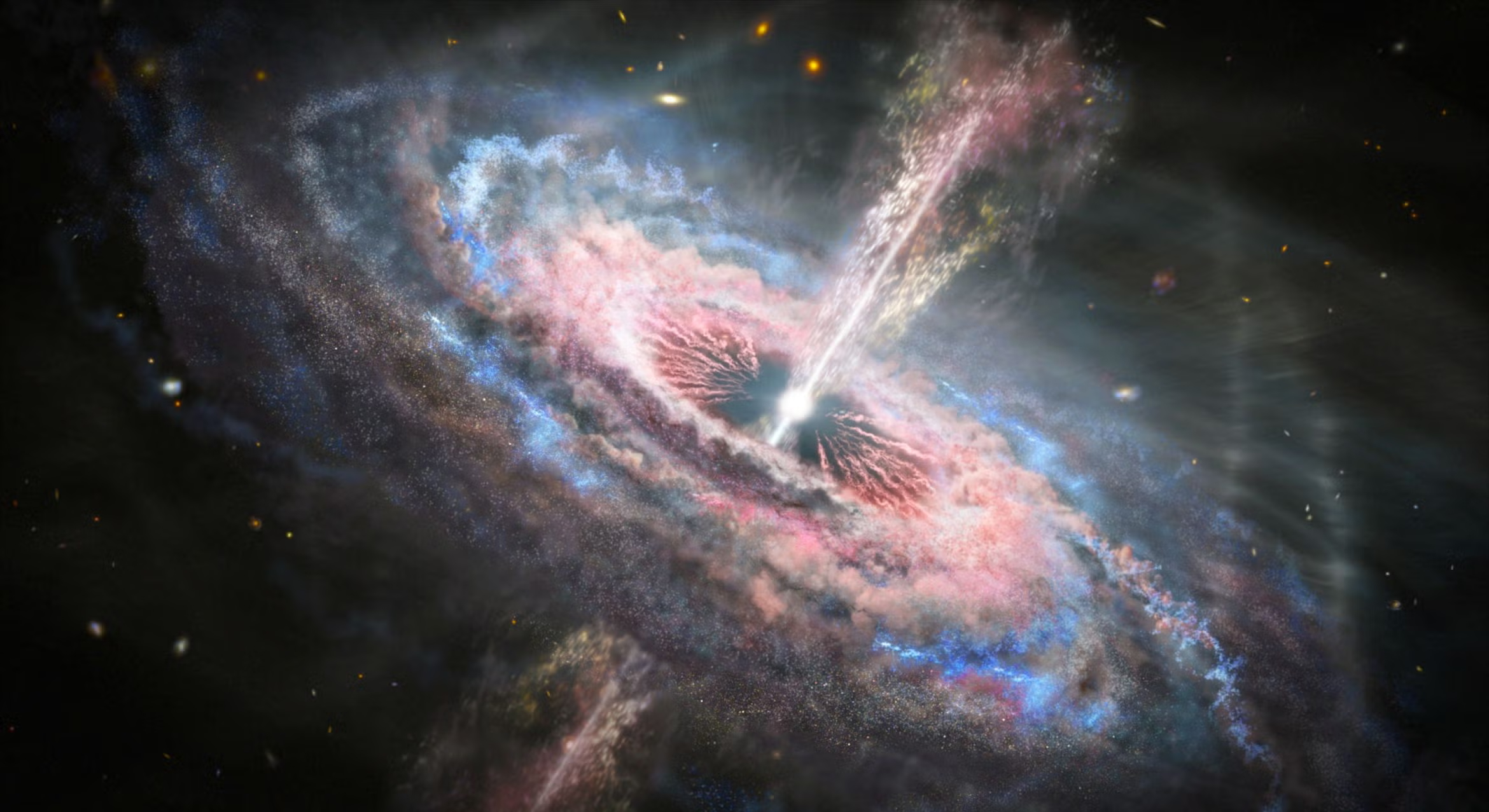 Artist's rendering of a quasar, featuring a bright, glowing supermassive black hole emitting a powerful white beam of energy, surrounded by swirling rings of pink and blue cosmic dust.