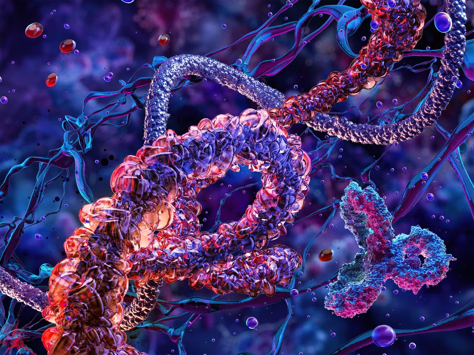 A 3D scientific illustration of complex protein structures, featuring intertwined purple and red molecular chains and floating particles.