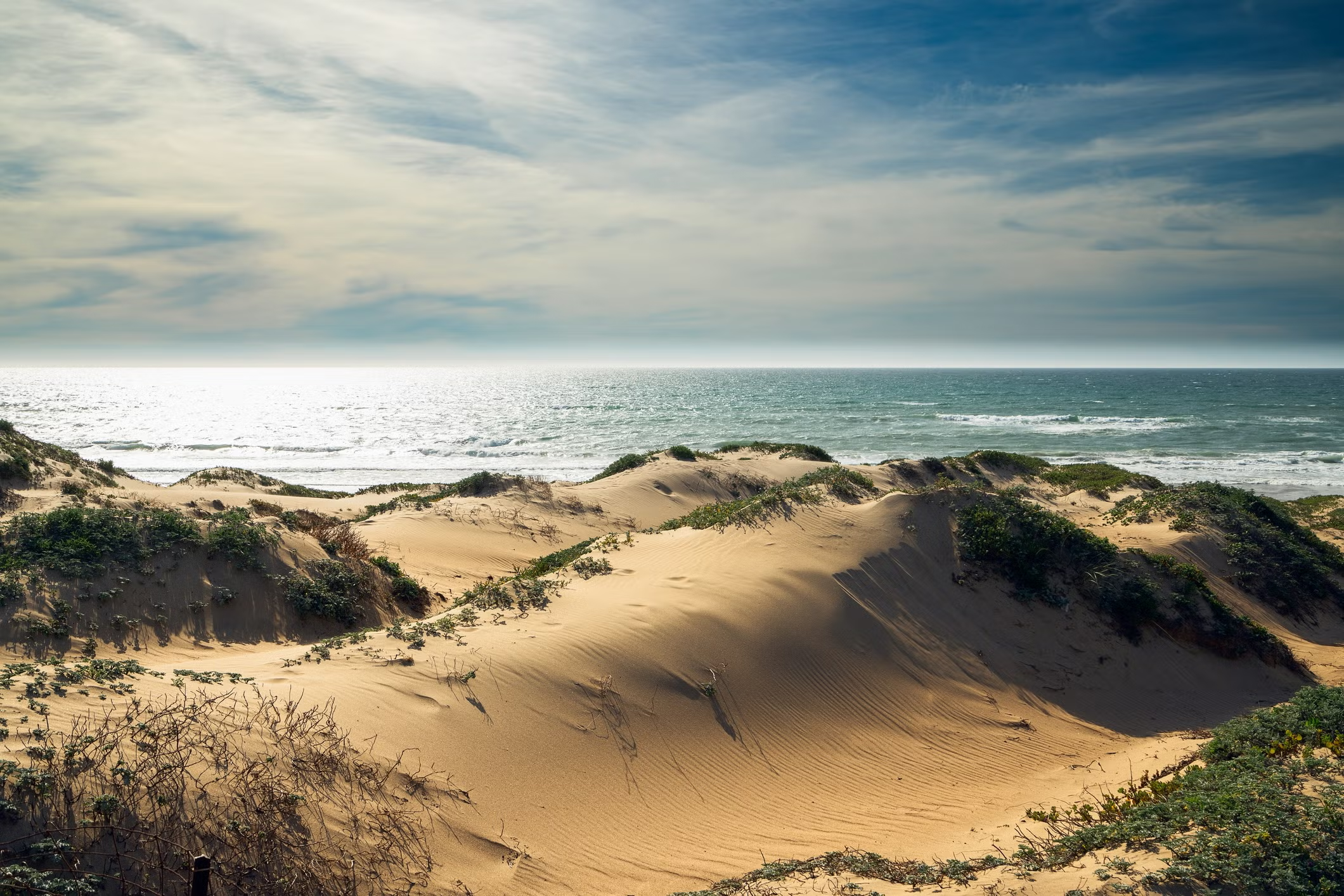 Sunlit coastal sand dunes dotted with green brush and vegetation, sloping down toward a calm blue ocean under a partly cloudy sky.