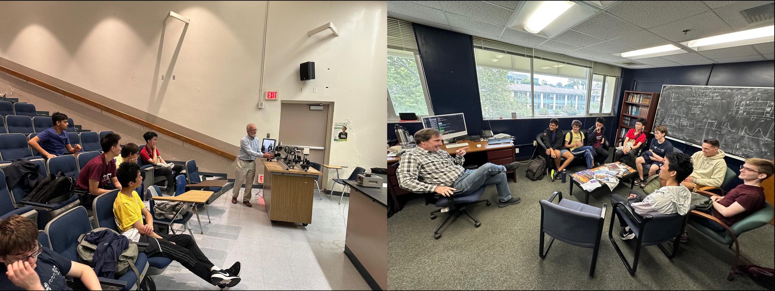 A composite image showing a lecture demonstration in an auditorium on the left, and a group of students meeting with a professor in an office on the right.